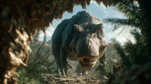 Giganotosaurus dinosaur prowling through a dusty valley with ferns and decaying tree trunks under sunlight and deep shadows