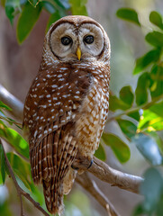 A stunning 8K hyper-realistic close-up portrait of a vibrant male Northern Spotted Owl, showing the entire bird, perched on a branch in his natural habitat. The bird&rsquo;s brilliant plumage glows 