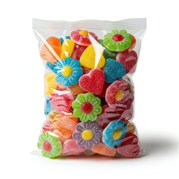 Colorful assorted flower-shaped gummy candies in a clear plastic bag isolated on white background