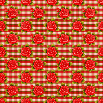 Seamless floral pattern with large red roses and green foliage on a traditional red, pink, and green plaid background. Vintage design, ideal for textile printing, wallpaper, and romantic themes.