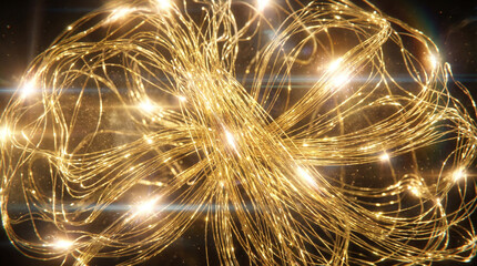 Golden neural network map glowing filament strands weaving cosmic light, dynamic abstract energy with sparkling highlights