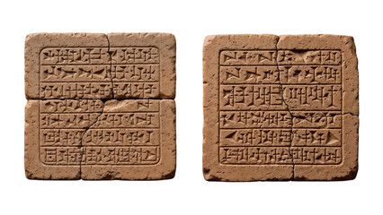 Ancient cuneiform tablets isolated on transparent background with historical significance