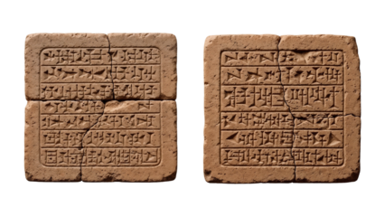 Ancient cuneiform tablets isolated on transparent background with historical significance