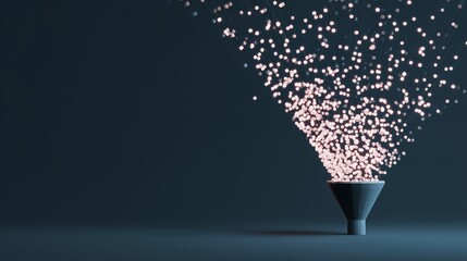 Funnel emitting digital particle stream symbolizing marketing automation workflow and lead nurturing.