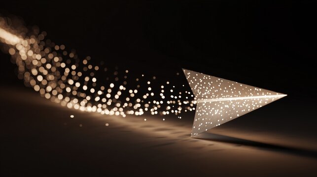 Paper arrow made of light particles moving forward, symbolizing change management and directional transformation.