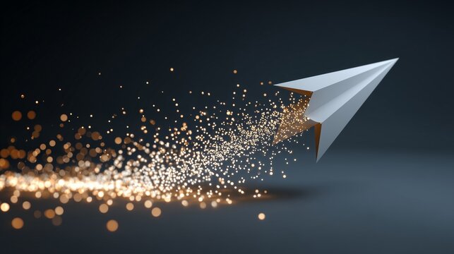 Paper airplane leaving trail of glowing particle toward dark space, symbolizing cultural shift from tradition to innovation and collective momentum.