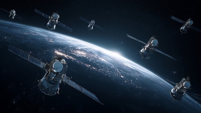 Low earth orbit scene showing multiple unmarked satellite over earth limb, conveying satellite network, space surveillance, and orbital operations.