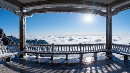 Snow-covered pavilion overlooking a sea of clouds with mountain peaks under a clear blue sky
