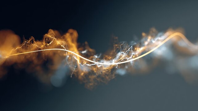 Glowing data wave thread cutting through blurred smoke, symbolizing signal versus noise in digital transformation.