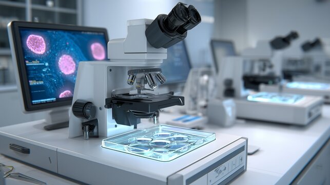 Microscope, petri dish and embryo image on monitor representing in vitro fertilization research and embryology study in laboratory context.