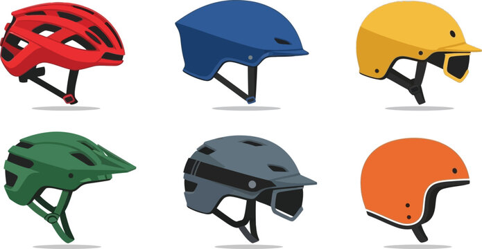 Flat vector set of 6 bicycle helmet styles road bike helmet aero helmet urban commuter and mountain bike visor helmet