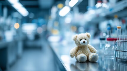 Teddy bear on lab bench beside test tube rack in sterile clinic setting symbolizing egg retrieval and fertility treatment procedure.