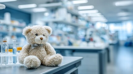Teddy bear on lab bench in a clean biomedical laboratory for vitro fertilization, with incubator, microscope, pipette and sterile workspace conveying fertility clinic research and embryo culture.
