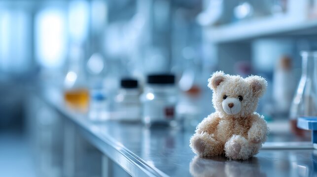 Teddy bear on a laboratory bench with culture dish and reagent bottle, symbolizing blastocyst culture and embryo development research.