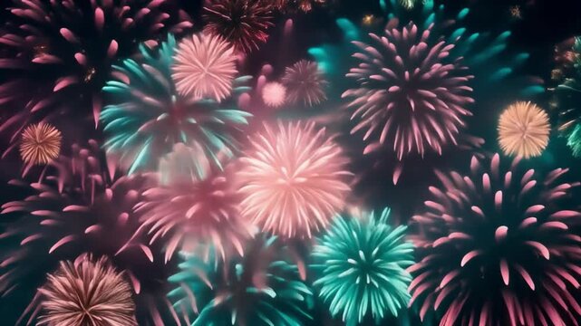 Ultra-dreamy blurry pastel fireworks with pink and teal cloud-like bursts and feathered textures, 4K.