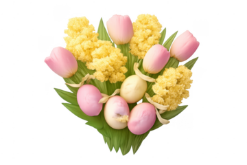 Easter bouquet with pink eggs yellow flowers and tulip petals