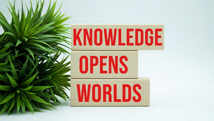 Green plant and wooden blocks with knowledge opens worlds text on white background
