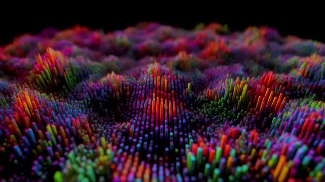 Cinematic chromatic micro-explosion field with random colorful bursts in a spectral haze, 4K loop.