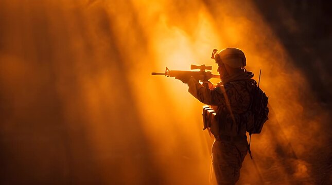 A soldier in a helmet and backpack fires a rifle with a bright flash in a dark environment