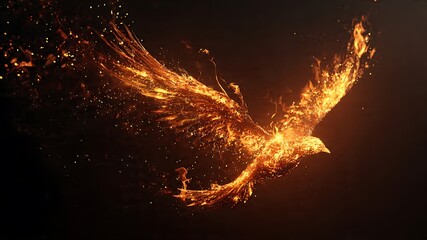 A bird made of fire flying through dark sky, fantasy concept art, glowing flames, dramatic contrast, ultra-sharp
