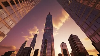 Towering skyscrapers and urban architecture against a sunset sky - Powered by Adobe