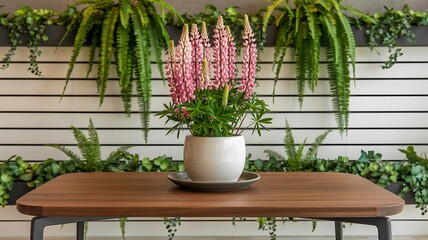Indoor plant decoration with hanging flowers and modern home interior
