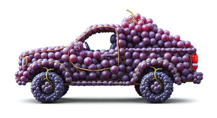 A creative pickup truck covered in purple grapes on a white background