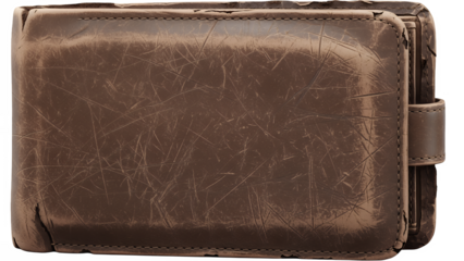 Brown leather wallet isolated on transparent background with strap closure and scratched texture, viewed from the front, object photography, high detail