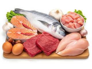 Assorted meat and fish selection on wooden board