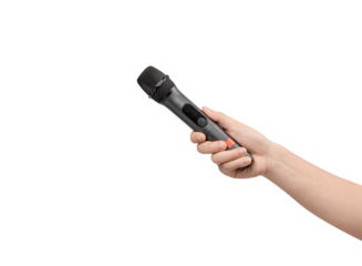 Close up hand holding a black wireless microphone isolated on white background. Concept for news reporting, interview, public speaking, broadcasting, and karaoke singing.