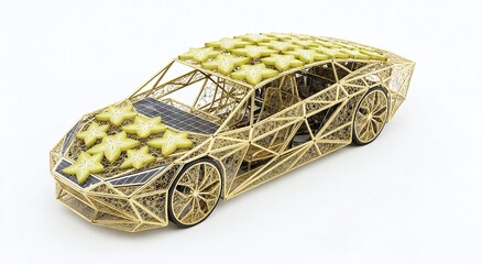 A gold wireframe model of a sports car with green objects on top