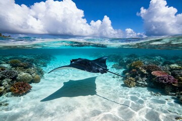 Stingray swimming over coral reef in clear tropical waters with underwater and above-water view