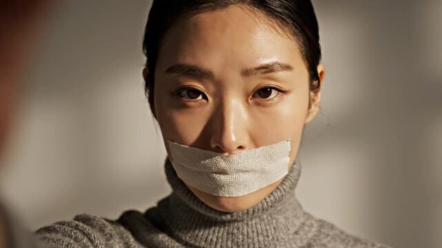 Serious Asian Woman with Taped Mouth Symbolizing Censorship.