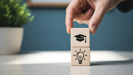 Hand placing blocks with graduation cap and light bulb on table