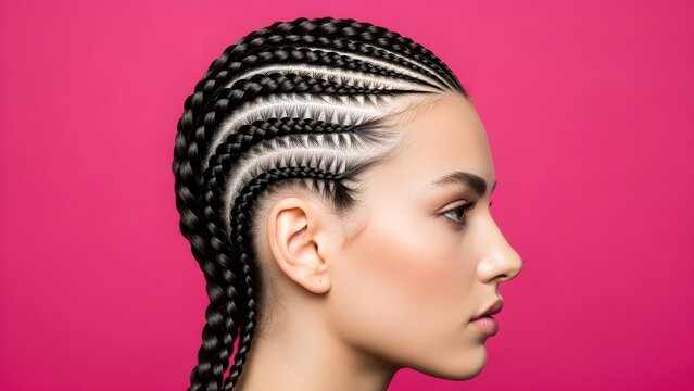 Young Woman with Cornrow Braids Hairstyle on Pink Background