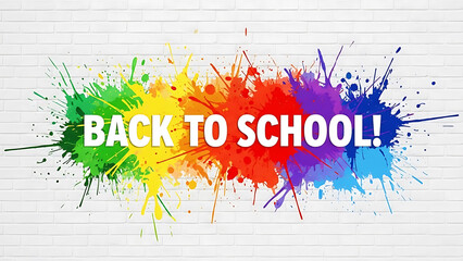 Colorful back to school banner with paint splatters on white brick wall background