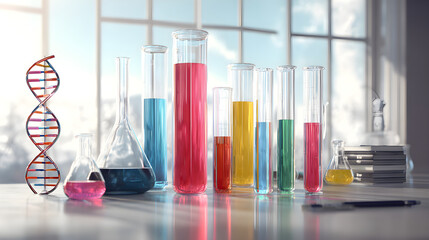 Dna helix and various test tubes in research laboratory