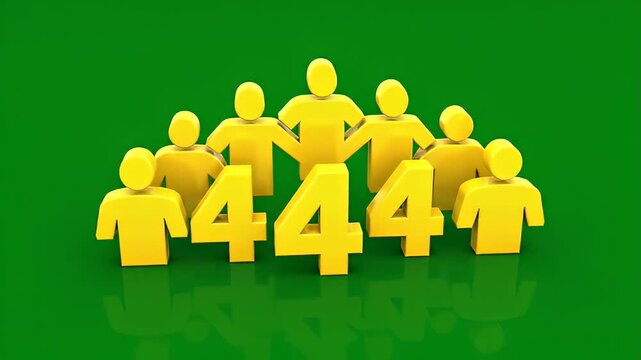 Yellow Figures Representing 444 People, Digital Illustration, Vibrant Green Background
