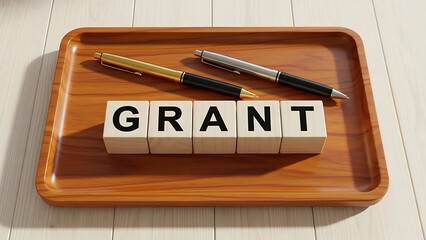 Grant word on wooden blocks with pens on tray
