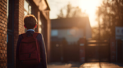 Young boy with backpack walking towards school entrance