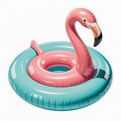 Pink flamingo pool float on turquoise inner tube isolated