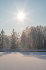 A frosty morning in Minsk covered with snow.