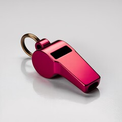 Red metal whistle with keyring on white surface