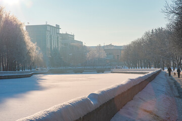 A frosty morning in Minsk covered with snow.