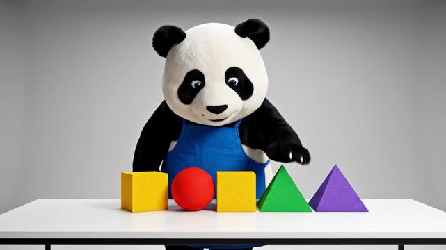 Panda Toy Playing with Colored Shapes on Table.
