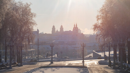 A frosty morning in Minsk covered with snow.