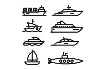 Set of Various Boat and Ship Line Icons