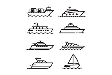 Set of Various Boat and Ship Line Icons