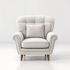 White leather armchair with pillow on wooden legs