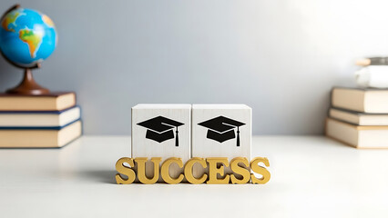 Graduation cap blocks with success letters on a white surface with books and a globe